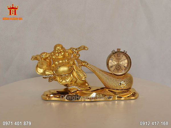 Tượng Phật Di Lặc kéo bao tiền gắn đồng hồ dát vàng 24K