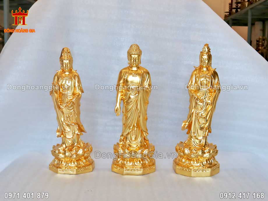 Tượng Phật Tam Thế đứng bằng đồng vàng